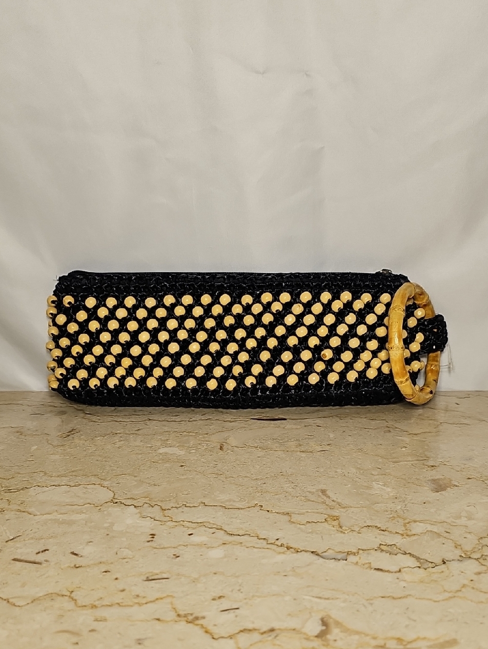 Coldwater Creek Beaded Black Woven Straw Bamboo Ring Handle Clutch Bag